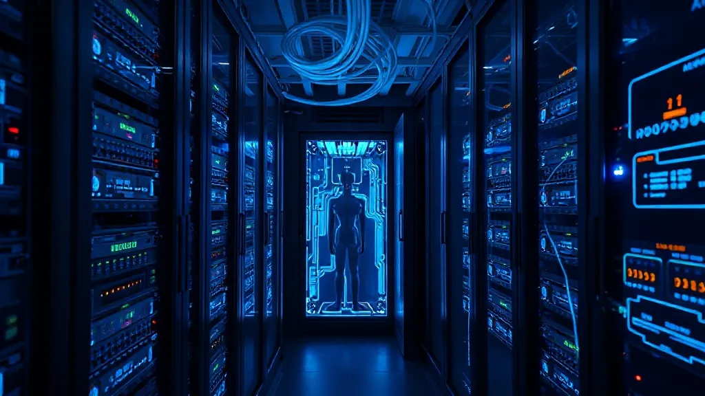 High-tech server room with glowing blue cables and data flow
